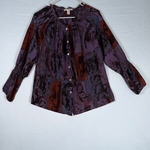 Trinity Size-M Women Silk Blouse Purple Abstract Floral Smocked Button Front Top